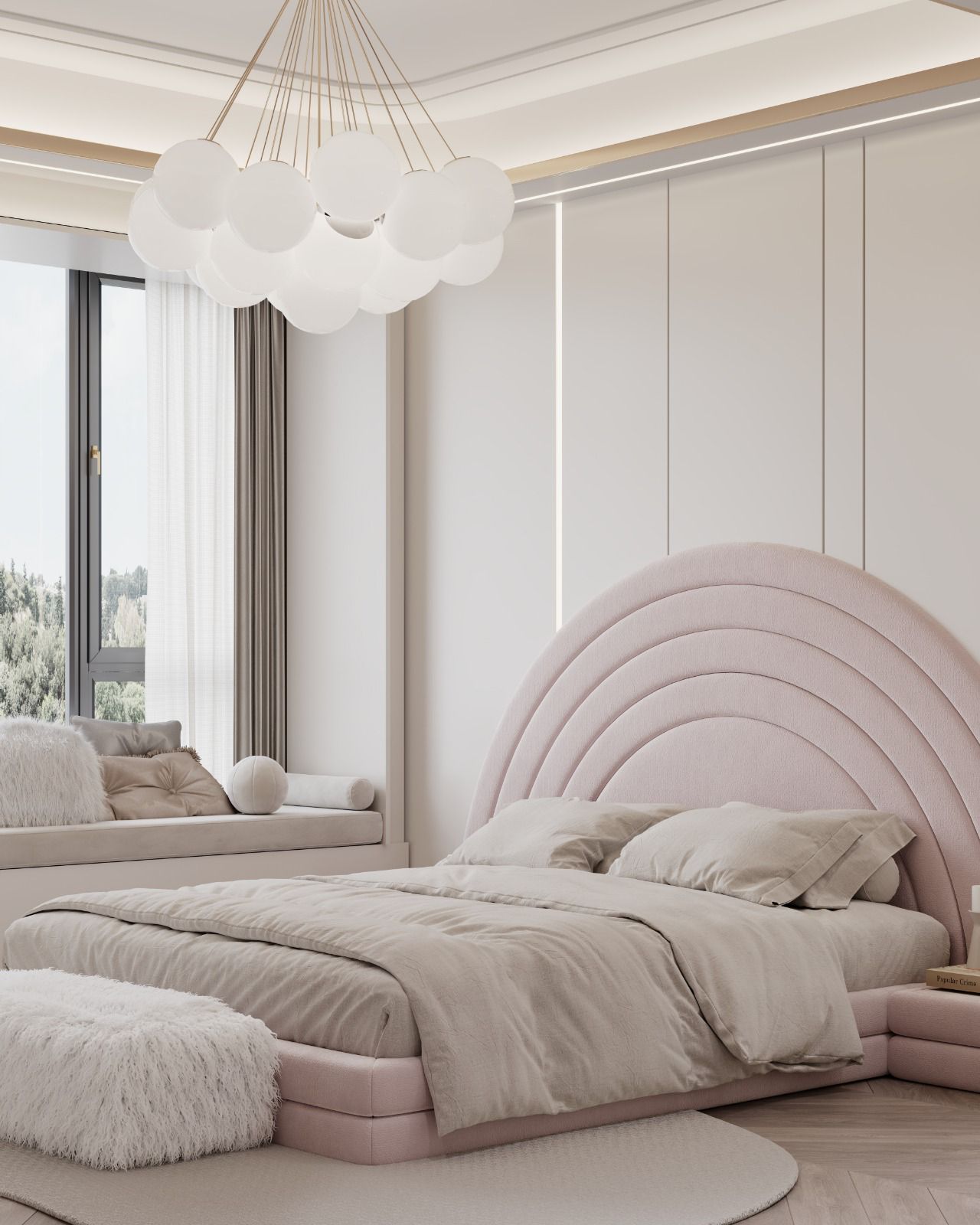 Text: Modern bedroom at Luna Oak Residency apartments in Kilimani Nairobi