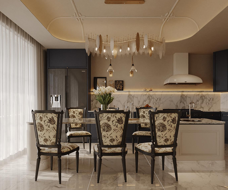 Brookside Oak Apartments Westlands open-plan kitchen and dining area with marble finishes