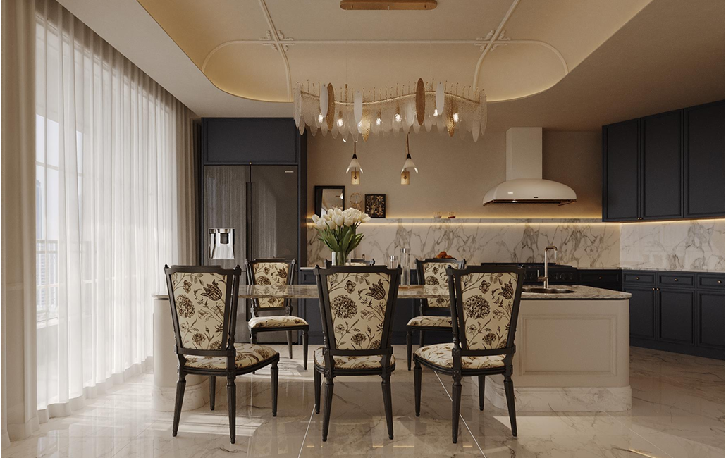Brookside Oak Apartments Westlands open-plan kitchen and dining area with marble finishes