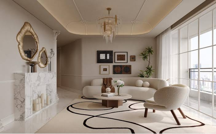 Brookside Oak Apartments Westlands living room with marble fireplace and large windows