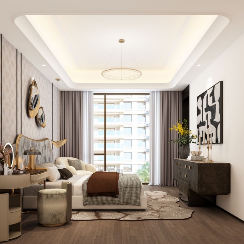 Bright luxury bedroom with large window at Golden Hill Apartments in Westlands