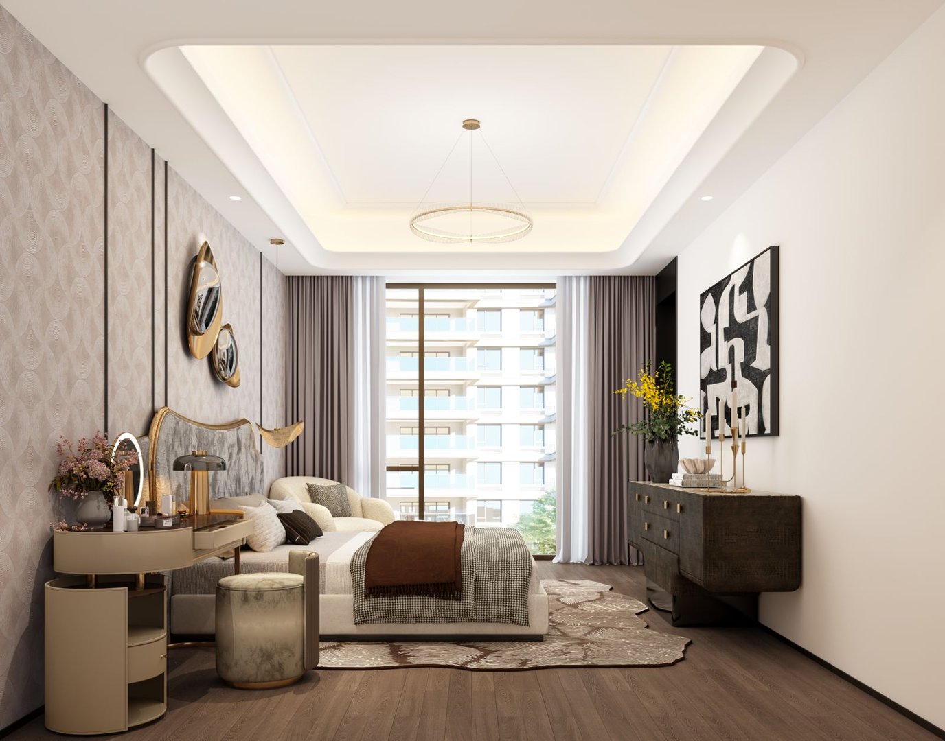 Bright luxury bedroom with large window at Golden Hill Apartments in Westlands
