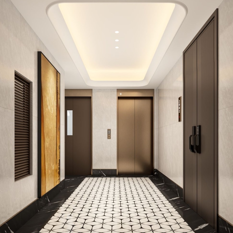 Elegant elevator lobby with artwork at Golden Hill Apartments in Westlands
