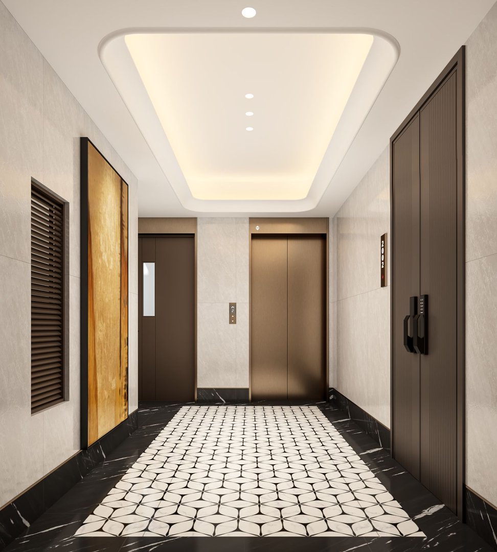 Elegant elevator lobby with artwork at Golden Hill Apartments in Westlands