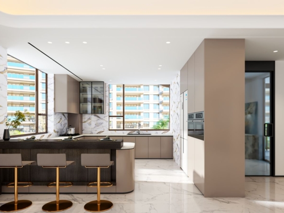 Modern fitted kitchen with breakfast counter at Golden Hill Apartments in Westlands