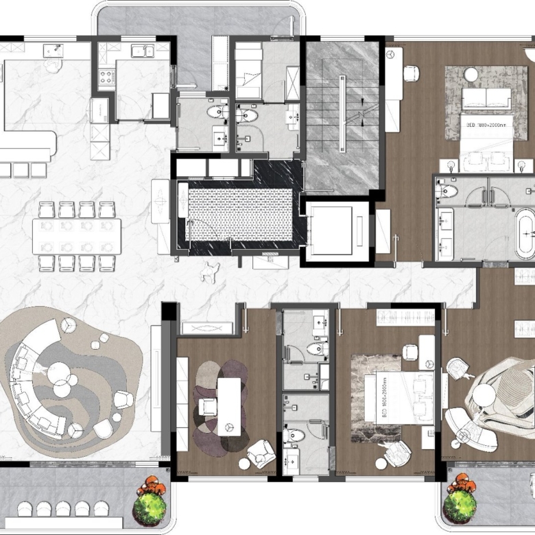 Golden Hill Apartments floor plan showing bedrooms, living areas, balconies and service spaces