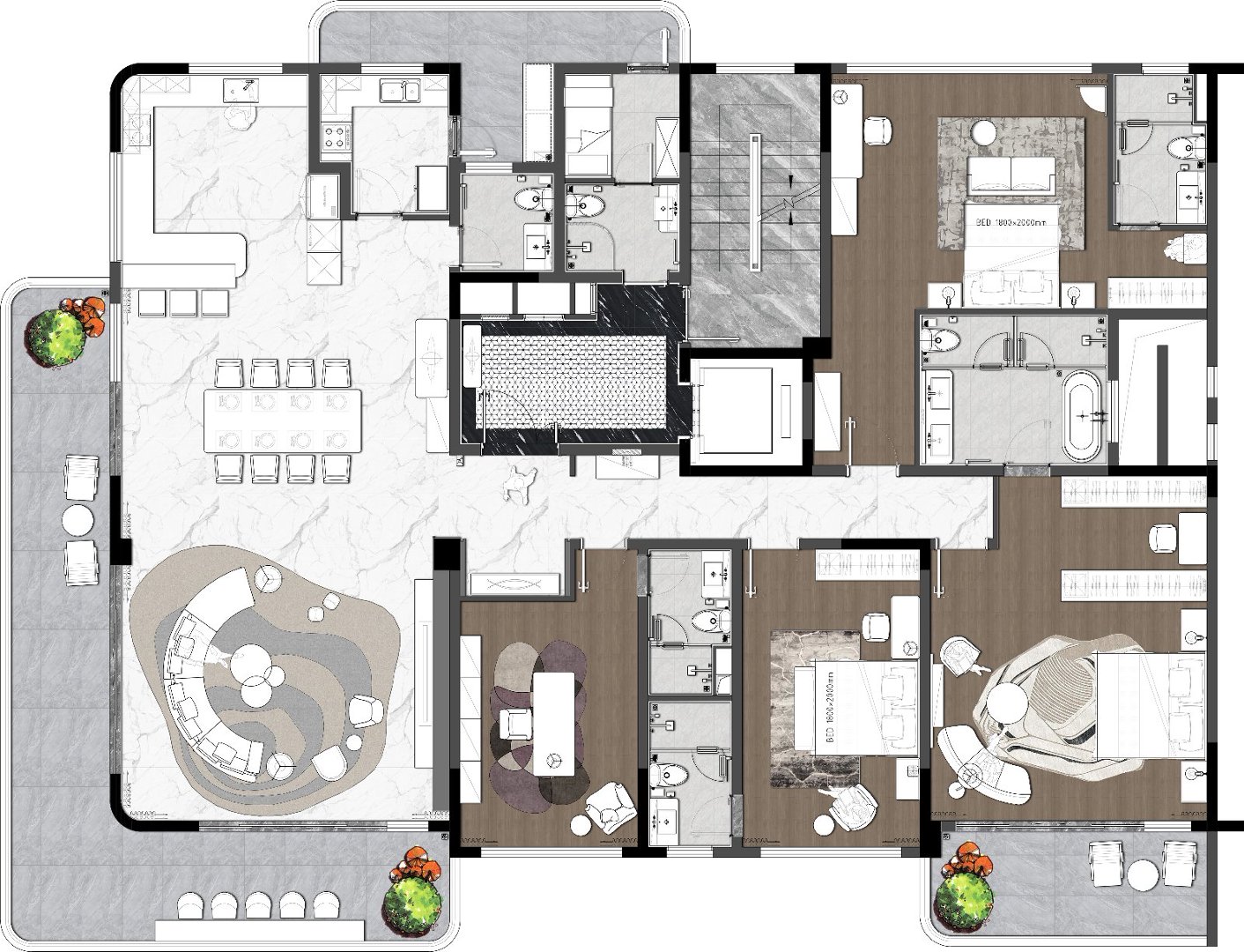 Golden Hill Apartments floor plan showing bedrooms, living areas, balconies and service spaces