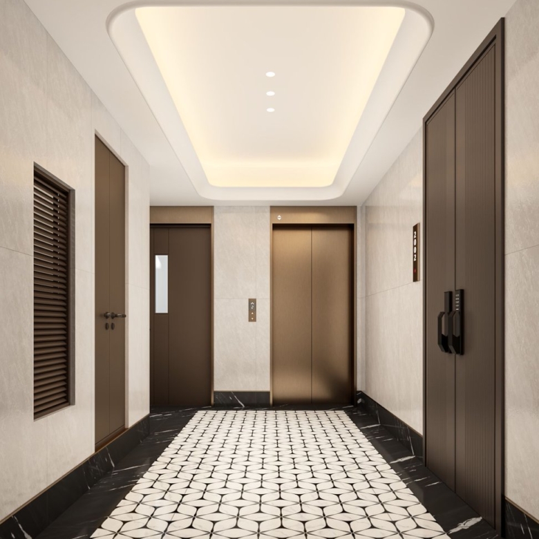 Modern lift lobby and apartment entrances at Golden Hill Apartments in Westlands