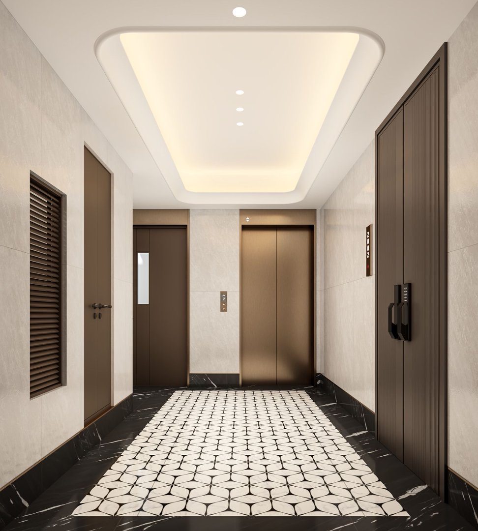 Modern lift lobby and apartment entrances at Golden Hill Apartments in Westlands