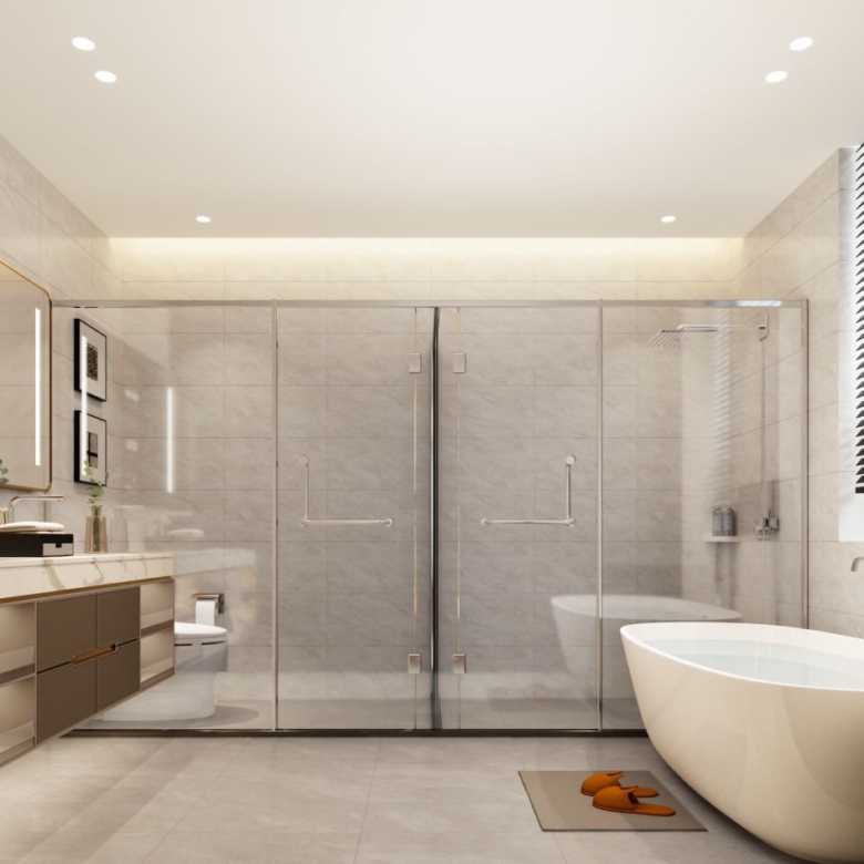 Luxury bathroom with freestanding bathtub and glass shower at Golden Hill Apartments
