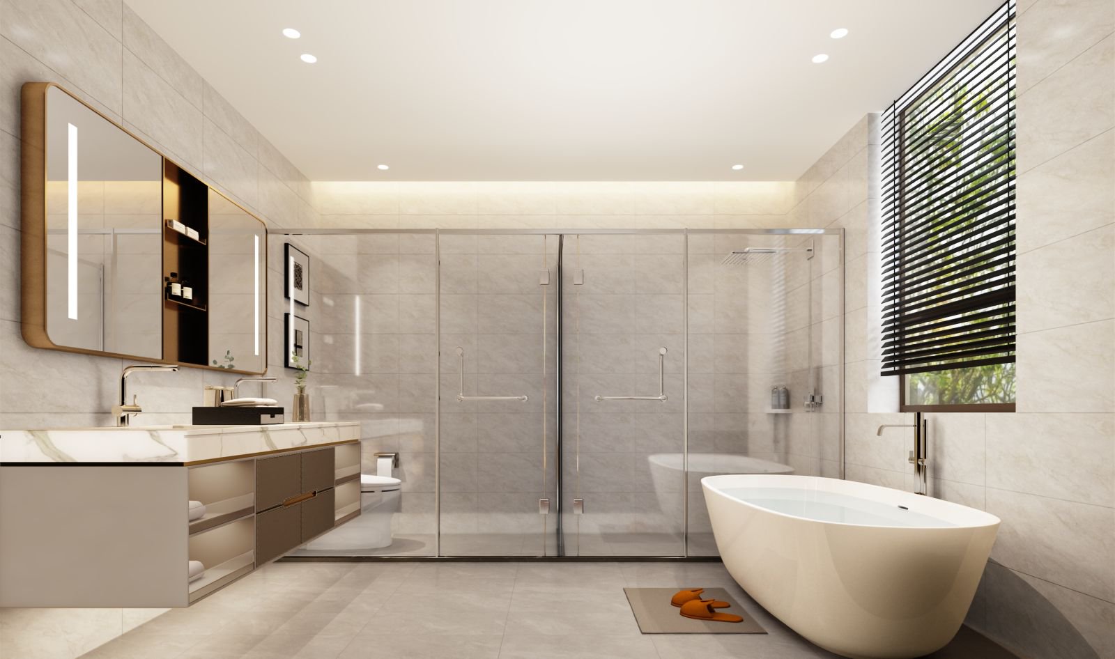 Luxury bathroom with freestanding bathtub and glass shower at Golden Hill Apartments