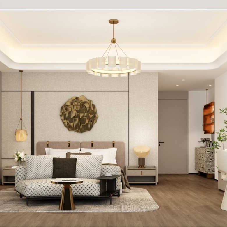 Luxury master bedroom with sitting and dressing areas at Golden Hill Apartments