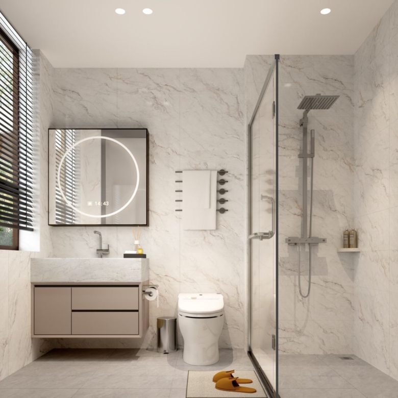 Modern bathroom with glass shower enclosure at Golden Hill Apartments in Westlands