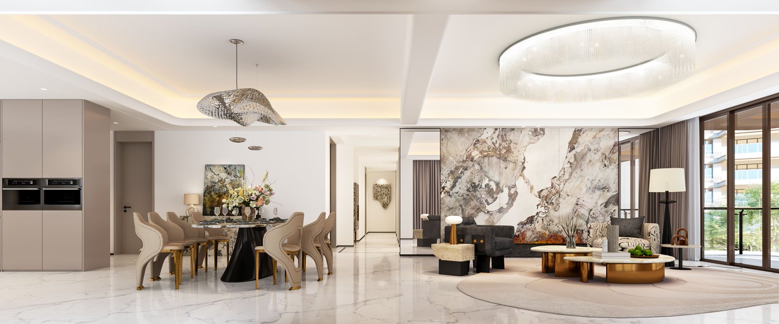 Open-plan living and dining room at Golden Hill Apartments in Westlands, Nairobi