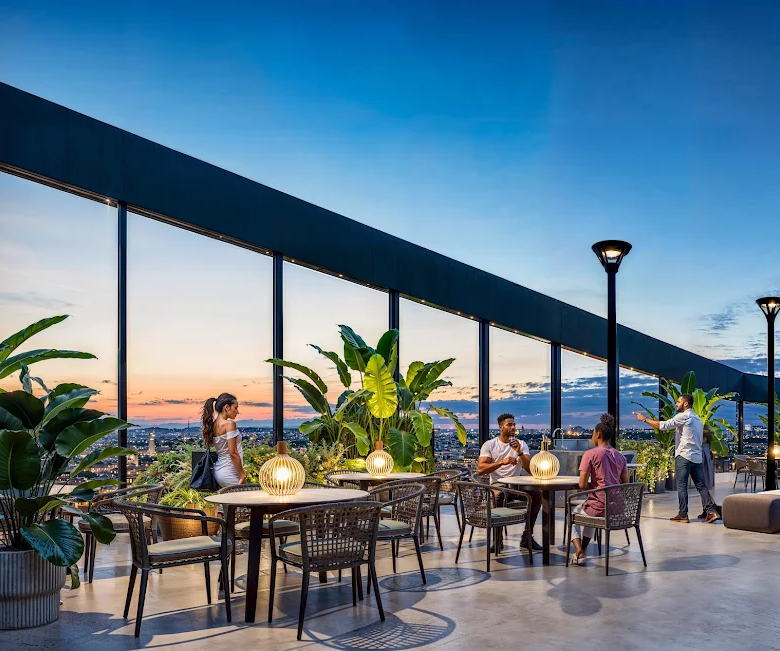 Rooftop café and landscaped garden at Oak West Residency