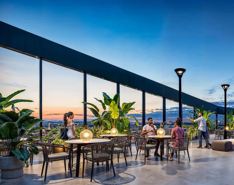 Rooftop café and landscaped garden at Oak West Residency