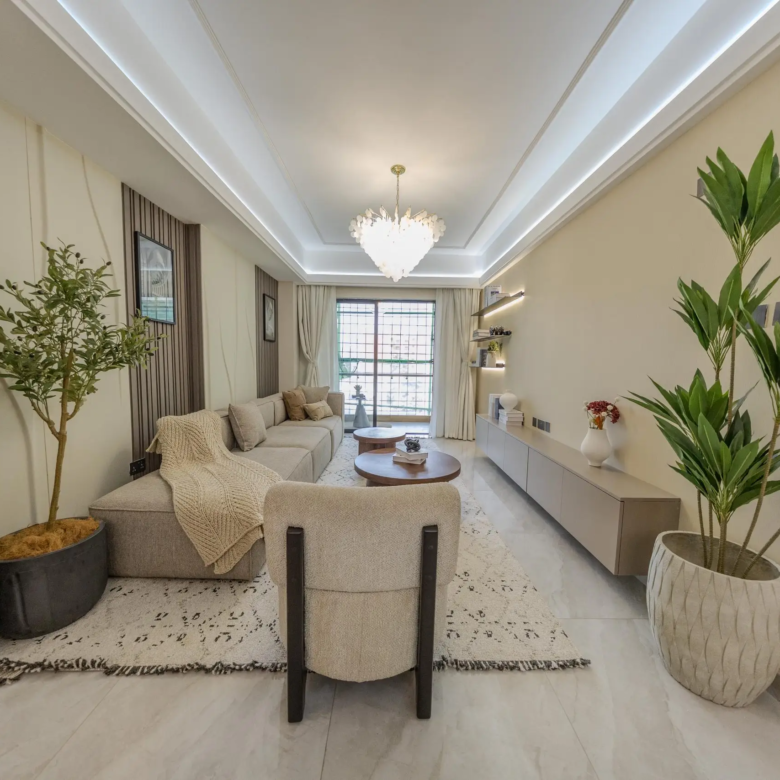 Furnished show-apartment living room at Oak West Residency in Westlands