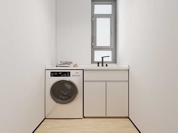 Private in-unit laundry area with washing machine at Lesto Residences.