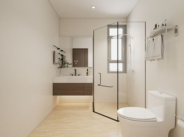 Modern bathroom with glass shower cubicle and floating vanity.
