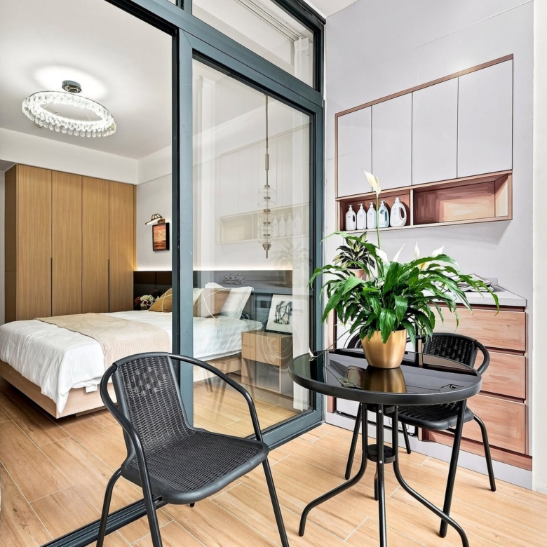 Modern bedroom with balcony at Stellar Bay Westlands apartments