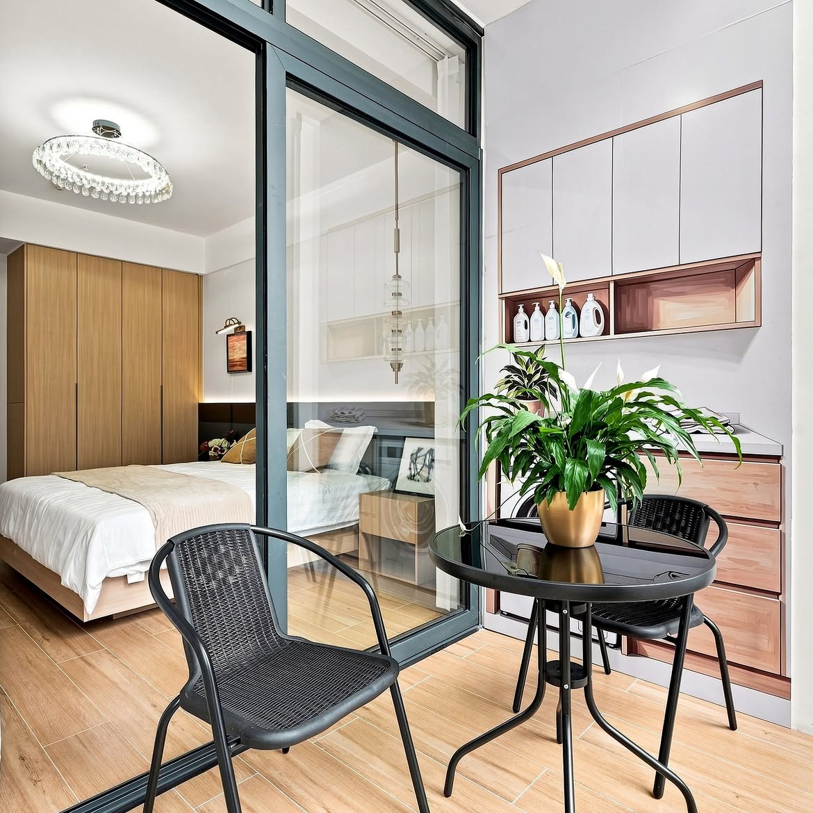 Modern bedroom with balcony at Stellar Bay Westlands apartments