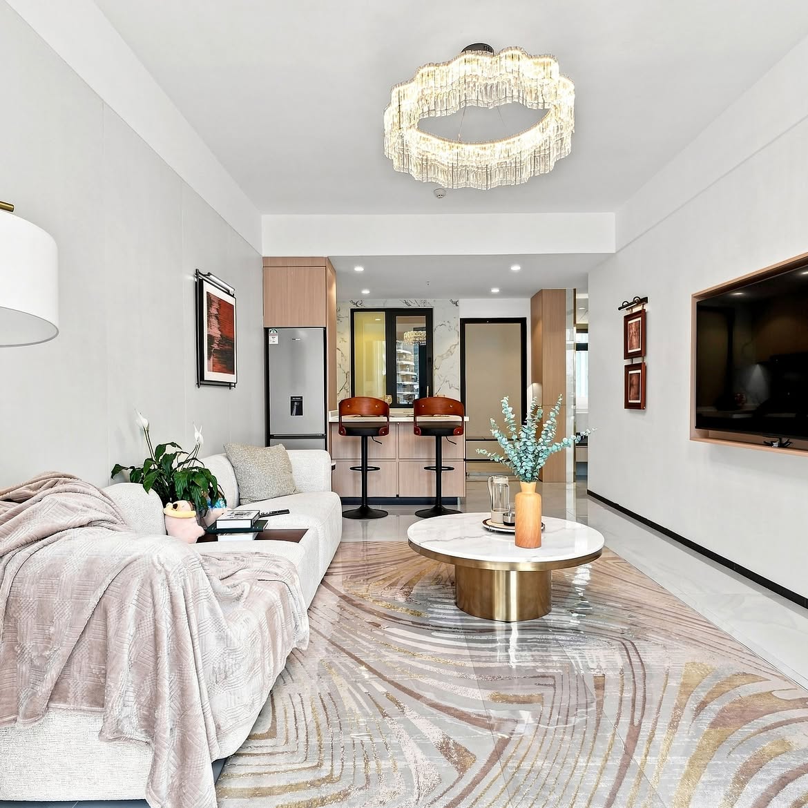 Modern living room and open kitchen in a Stellar Bay Westlands apartment