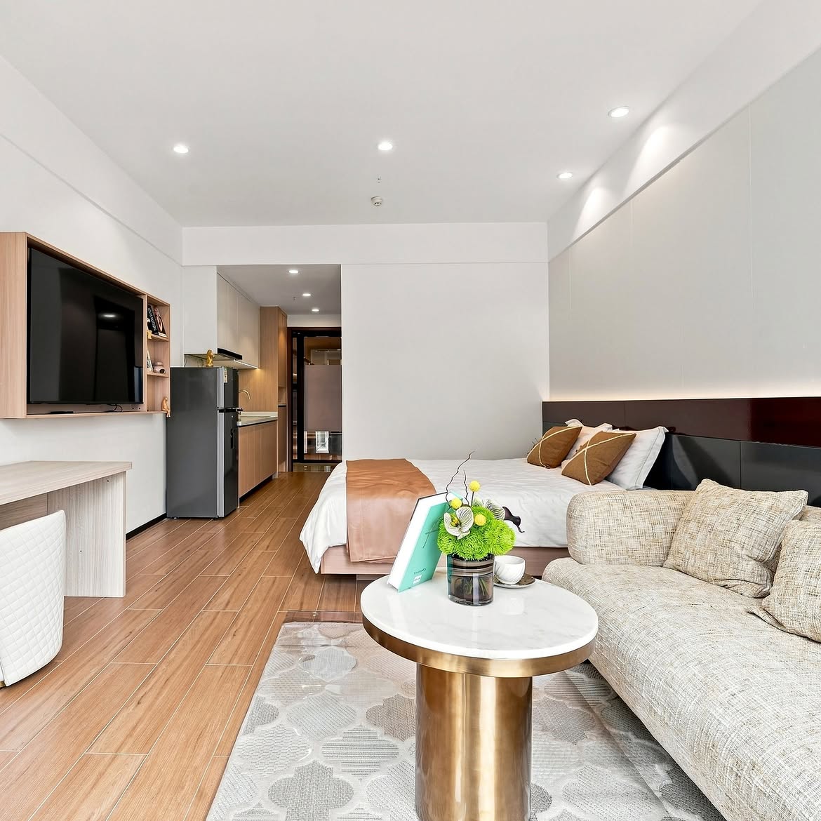 Furnished studio apartment interior at Stellar Bay Westlands with kitchen and living area