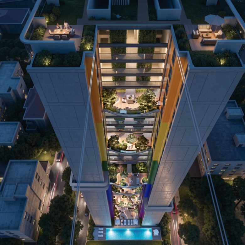 Aerial view of Stellar Bay Westlands apartments with landscaped terraces and swimming pool