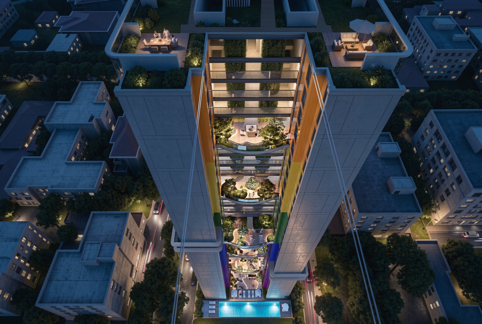 Aerial view of Stellar Bay Westlands apartments with landscaped terraces and swimming pool