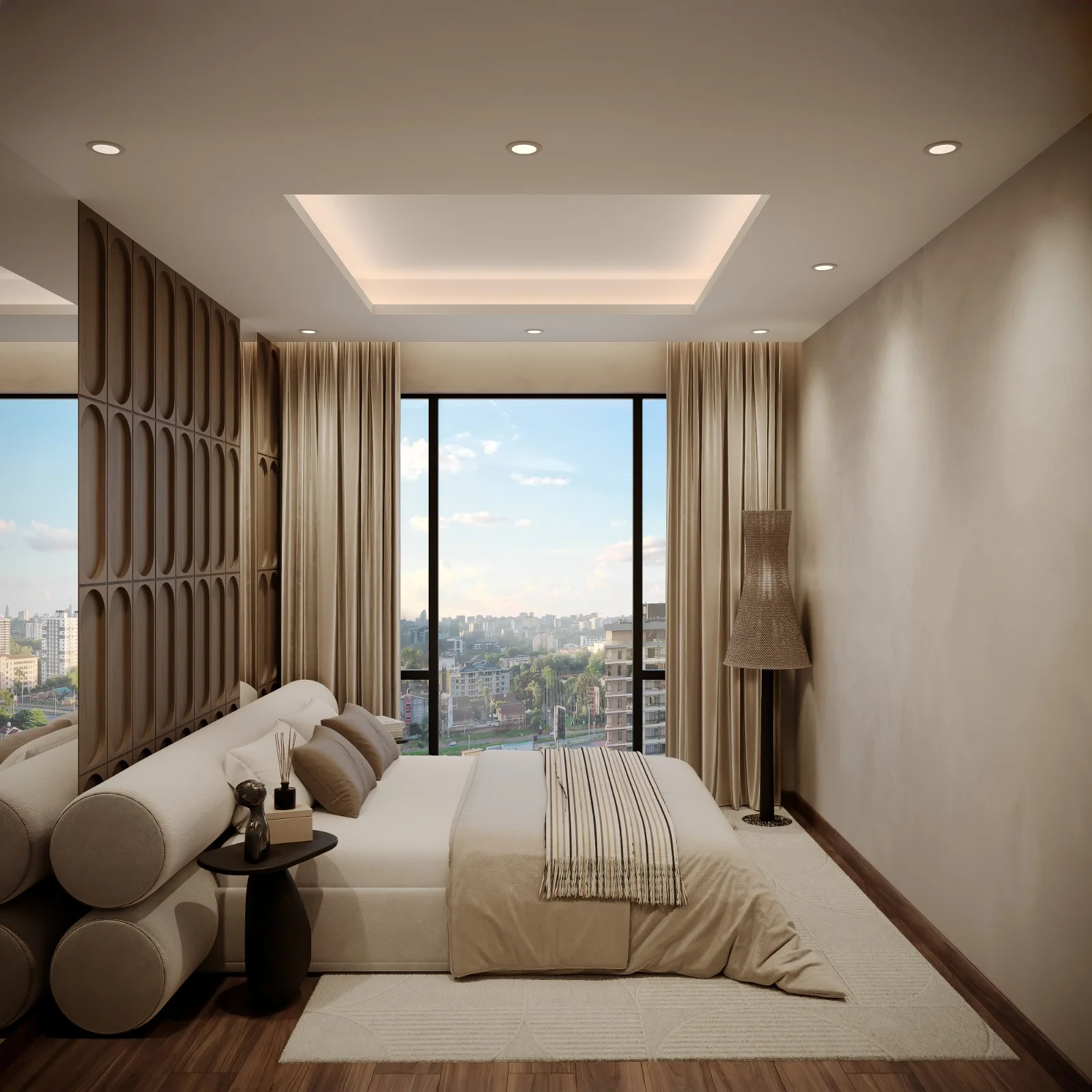 A-One Acacia Serviced Apartments furnished bedroom with city views