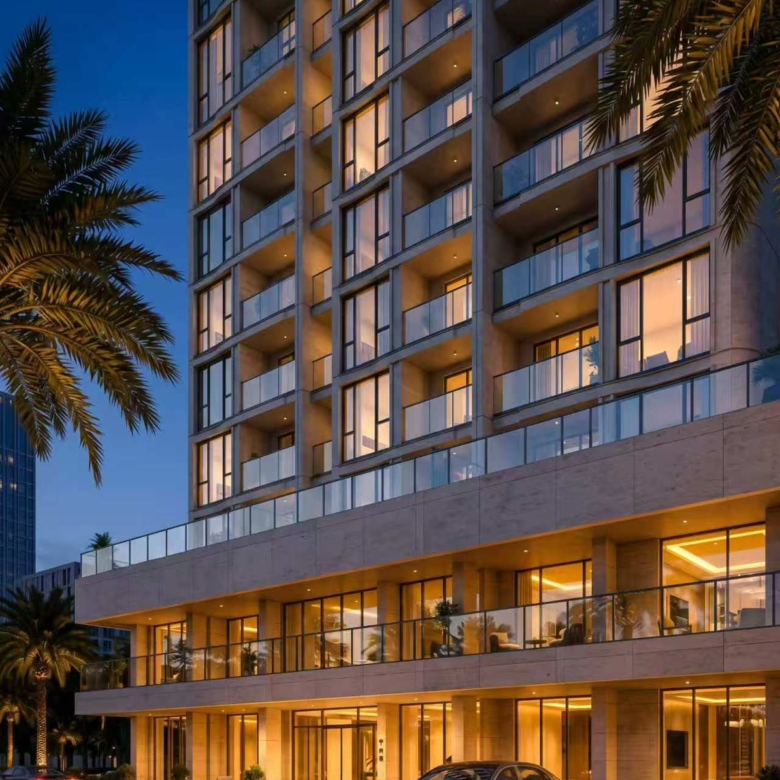 Cambridge Garden Apartments entrance and exterior at night