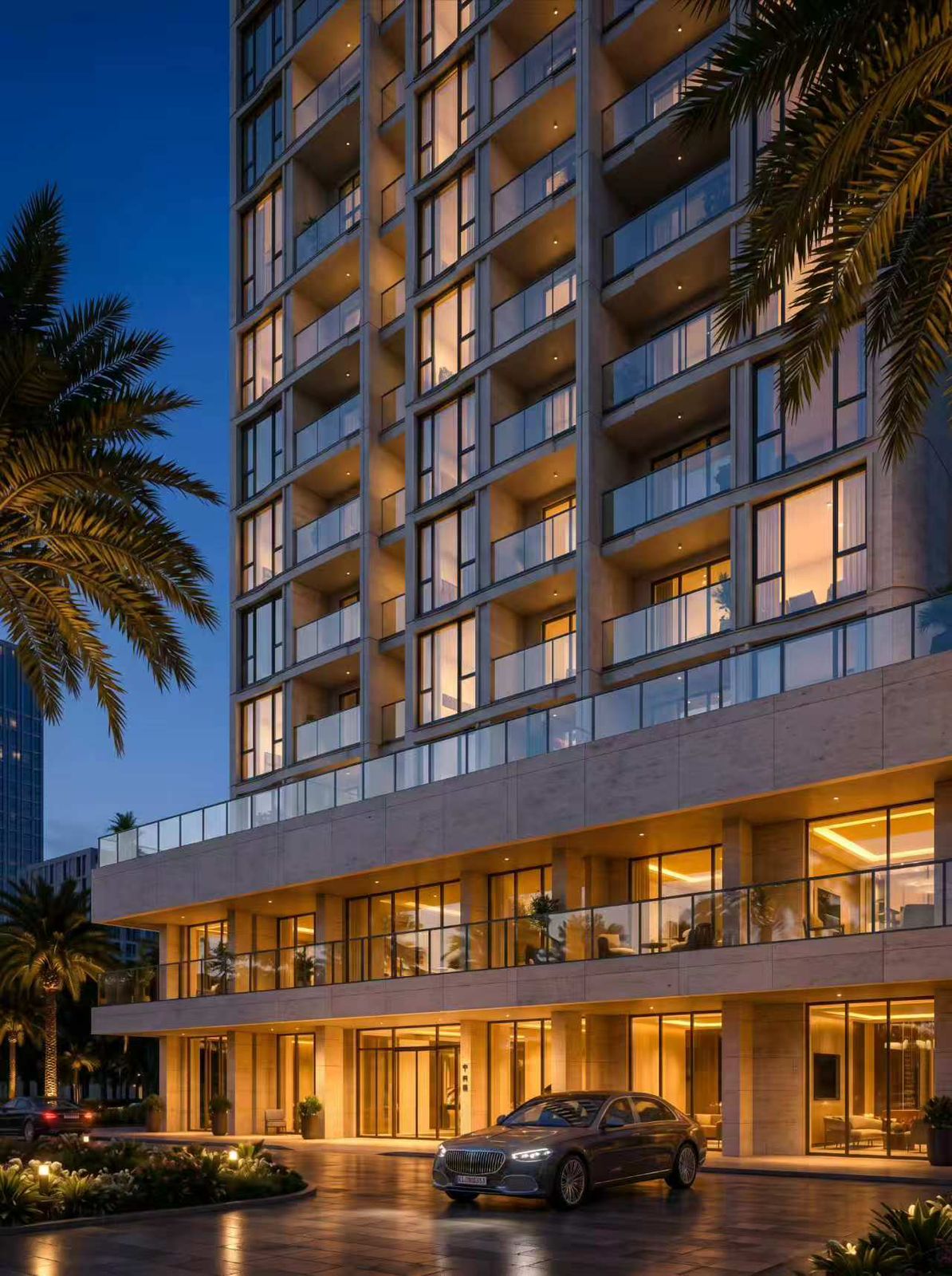 Cambridge Garden Apartments entrance and exterior at night