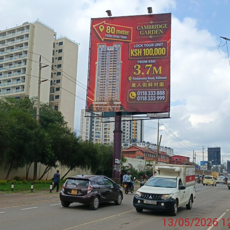 Cambridge Garden Apartments billboard along Kindaruma Road in Kilimani