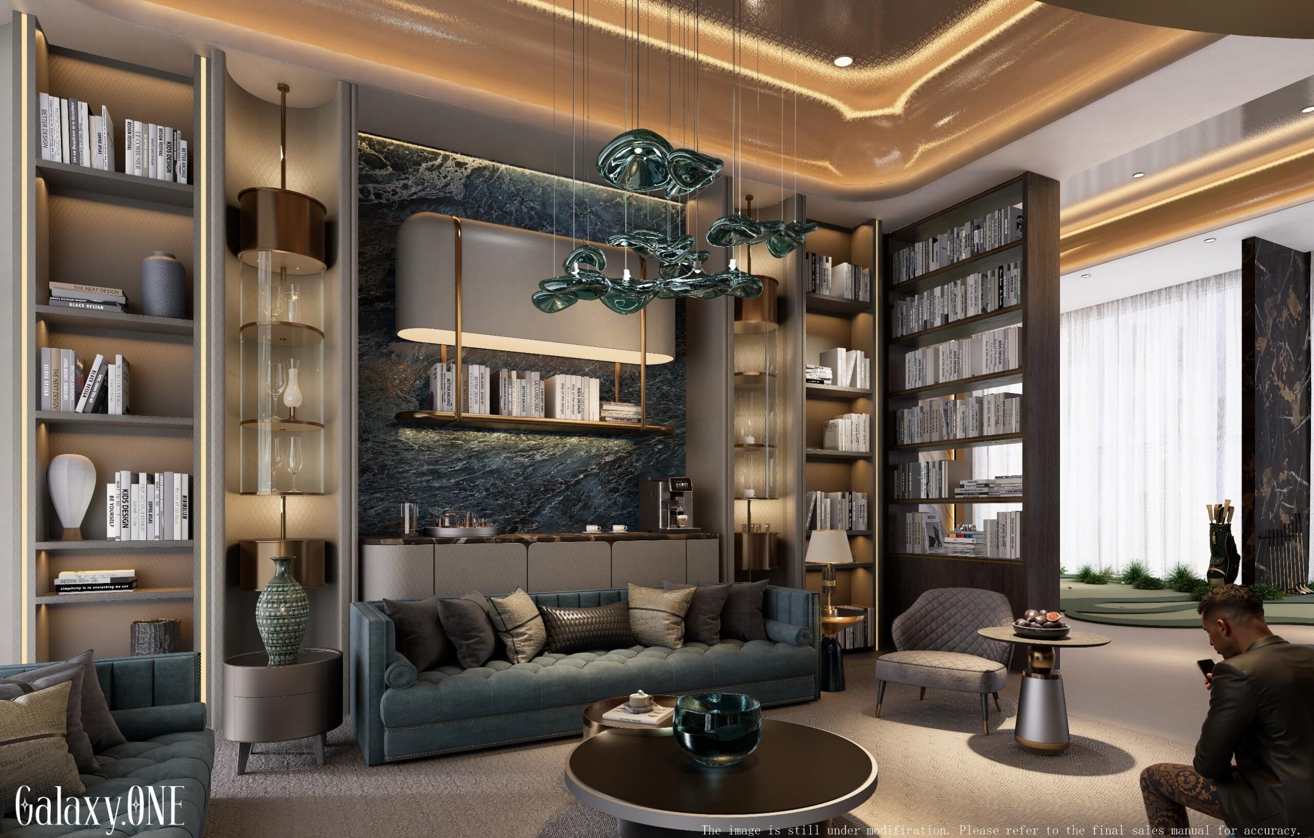Reading lounge and indoor golf area at Galaxy ONE Apartments Westlands