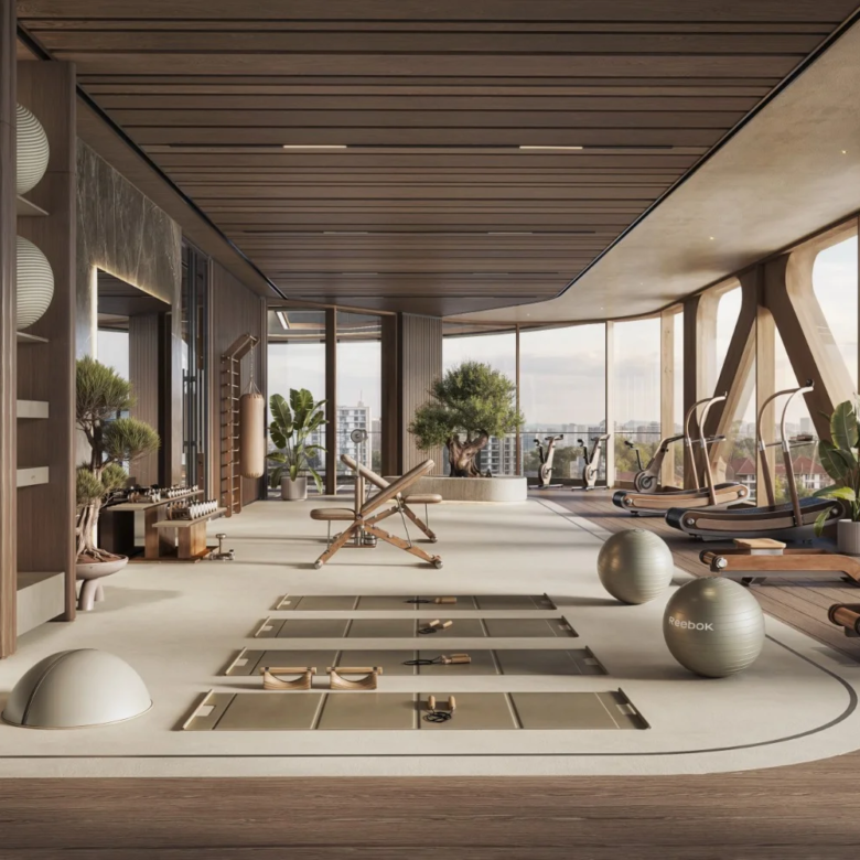 A-One Acacia Serviced Apartments gym and yoga room with city views