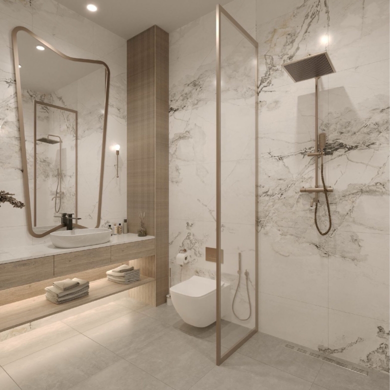 Modern bathroom at Hephé Palace apartments for sale in Westlands