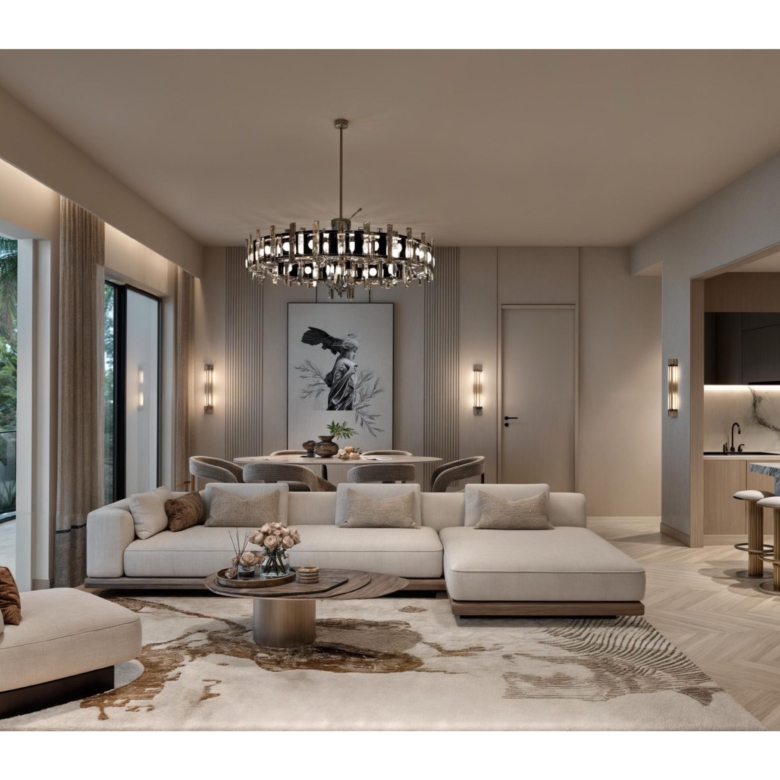 Open plan lounge and dining area at Hephé Palace apartments in Westlands