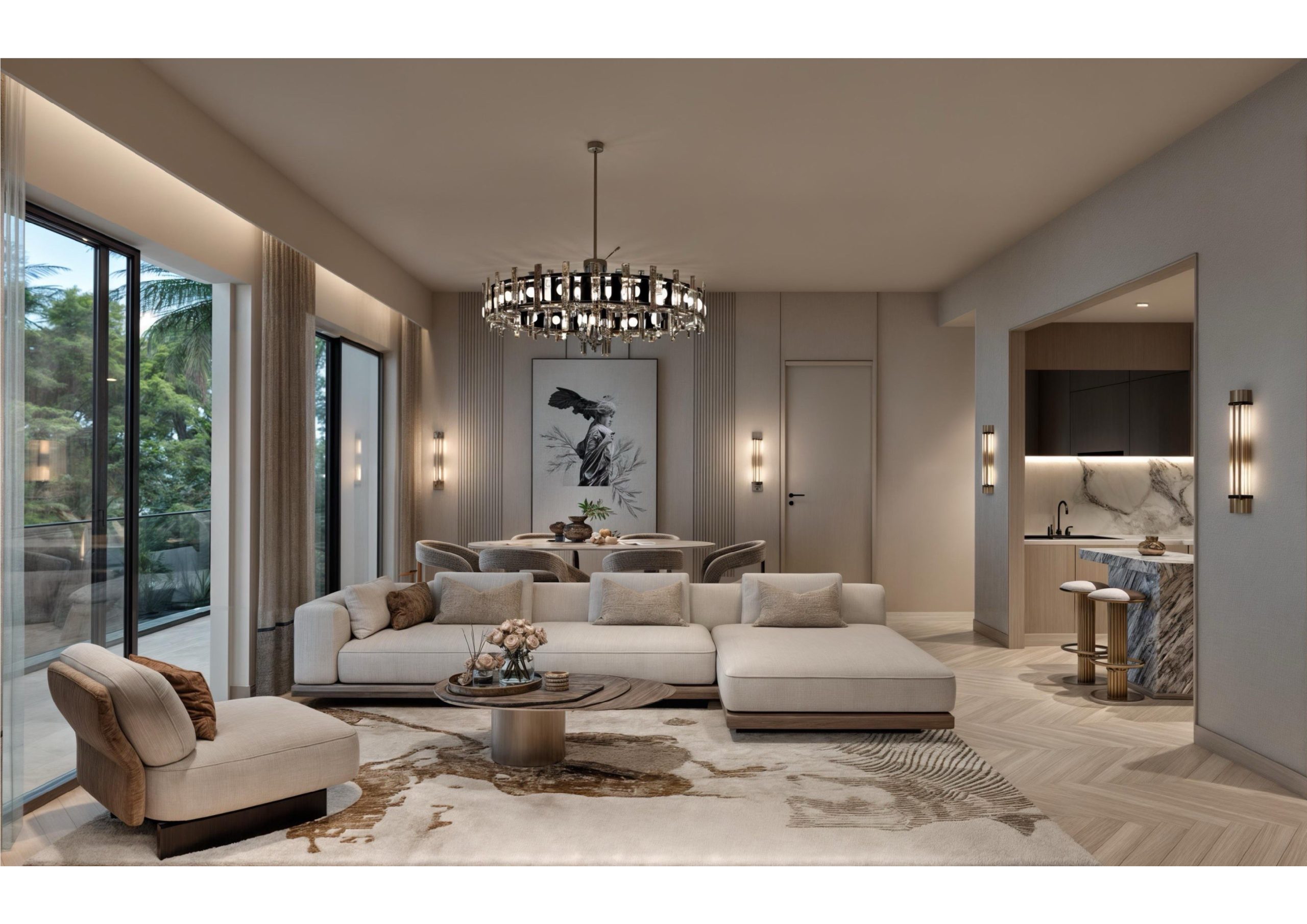 Open plan lounge and dining area at Hephé Palace apartments in Westlands