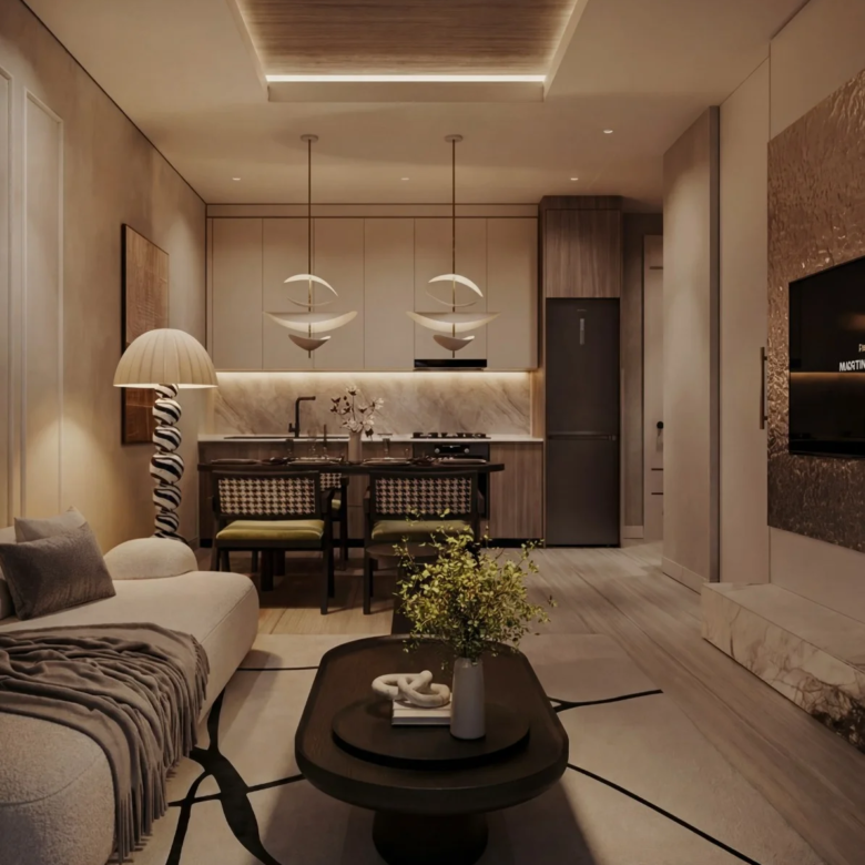 A-One Acacia Serviced Apartments living and dining area with fitted kitchen