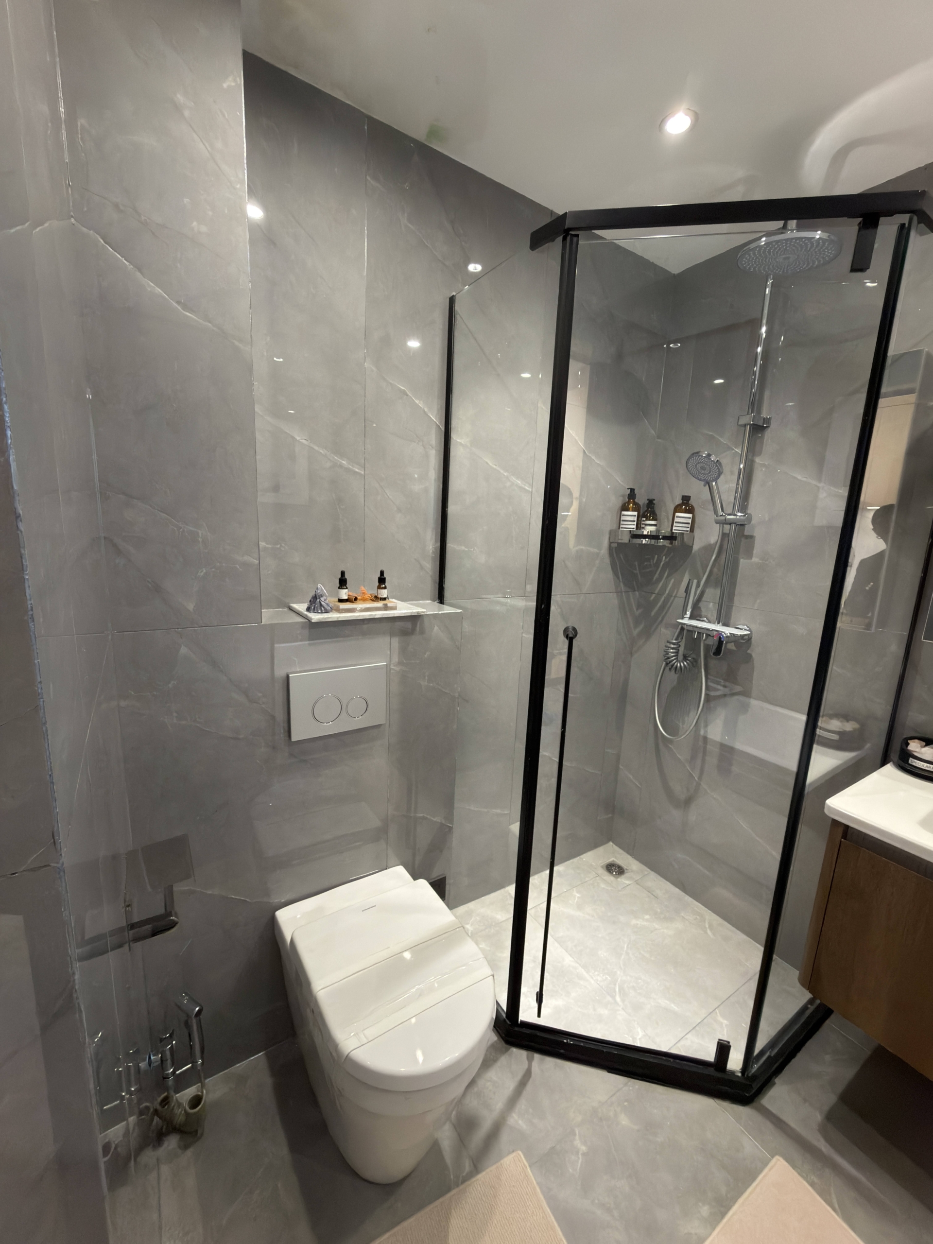 Glass shower enclosure in a modern Westlands apartment bathroom