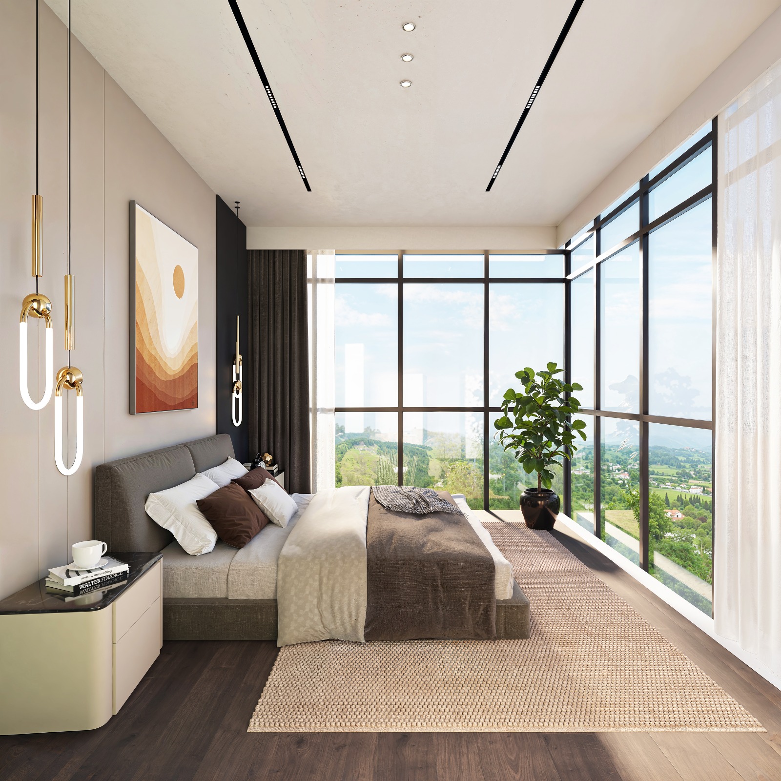 Baystar residence luxury bedroom with floor-to-ceiling windows, modern lighting, elegant furnishings and scenic views in Kilimani.