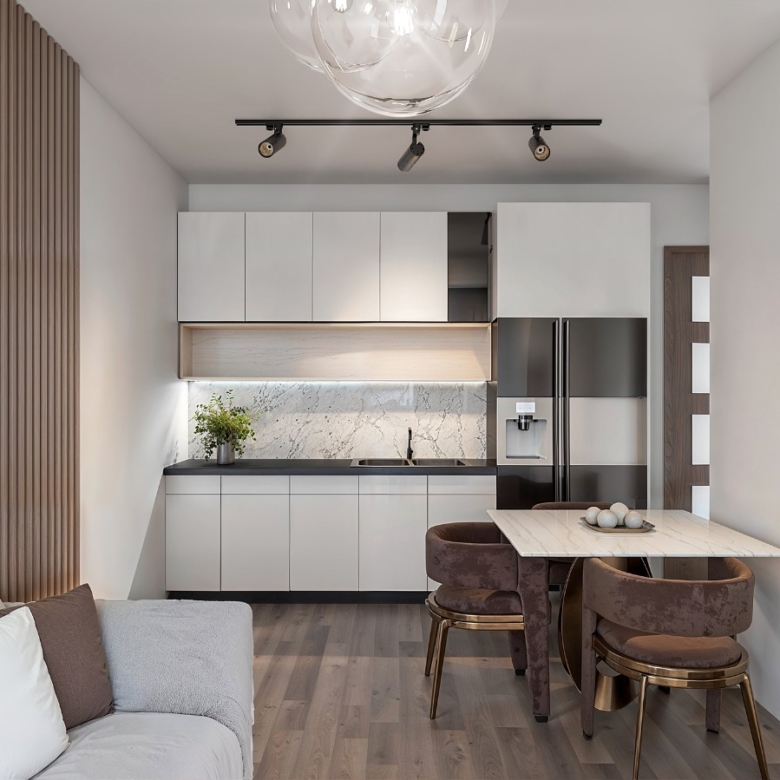 Baystar residence open-plan living and dining area with modern kitchen, stylish furniture, decorative lighting and wooden flooring.