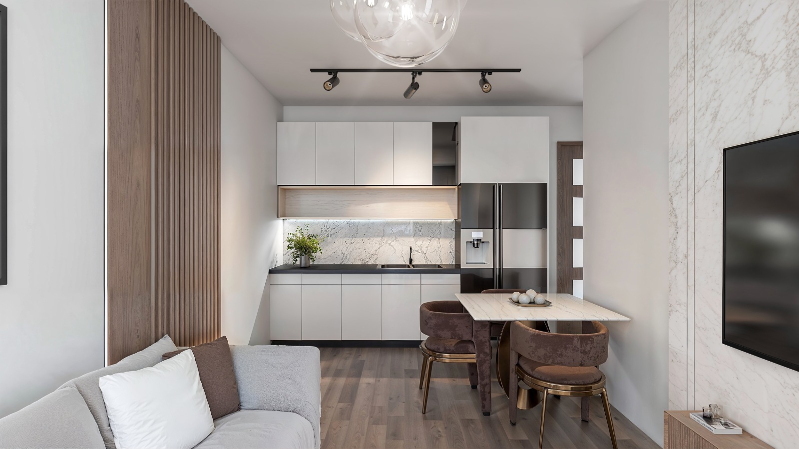Baystar residence open-plan living and dining area with modern kitchen, stylish furniture, decorative lighting and wooden flooring.