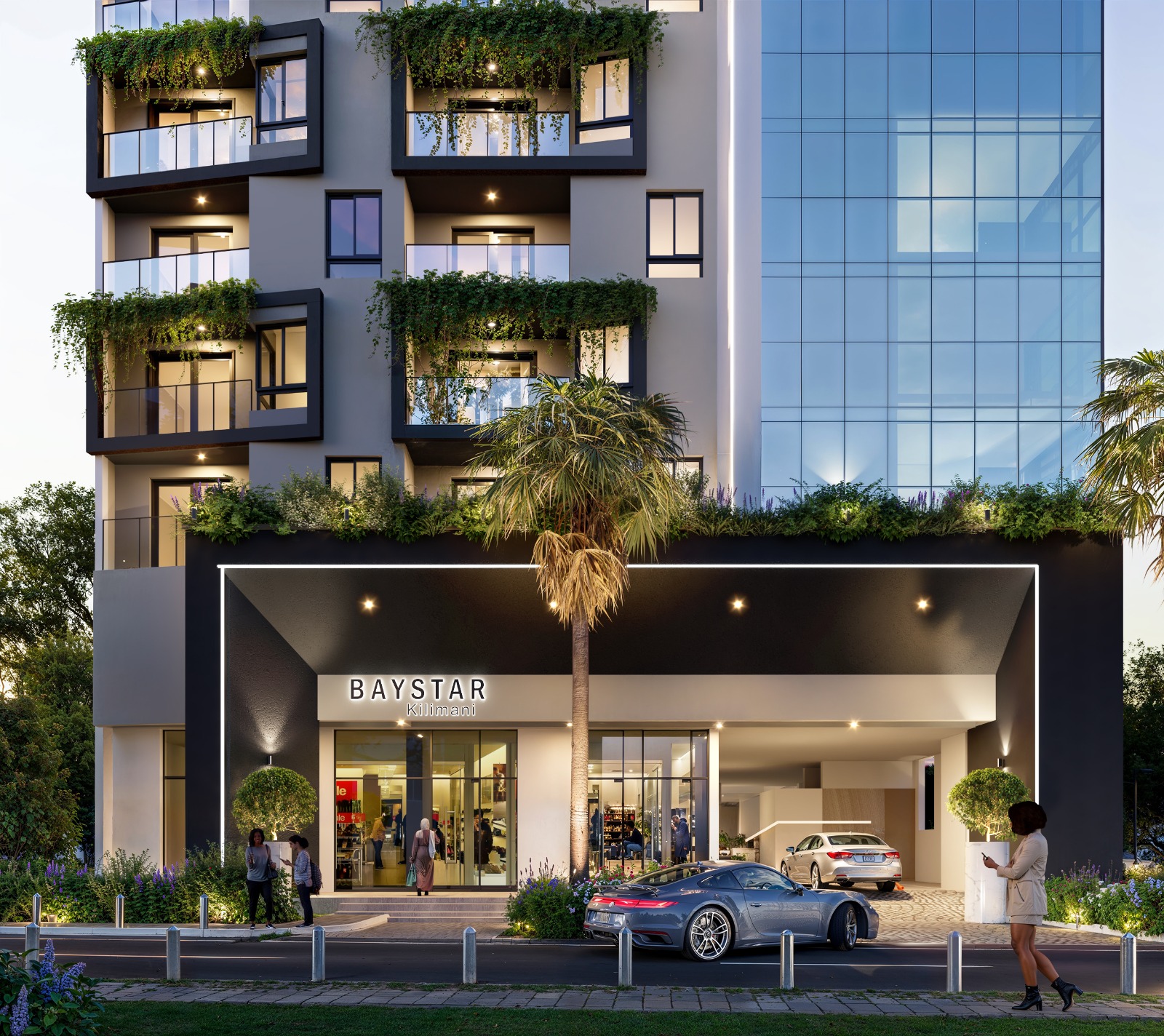 Baystar residence main entrance in Kilimani showing modern architectural design, landscaped frontage, glass balconies and driveway.
