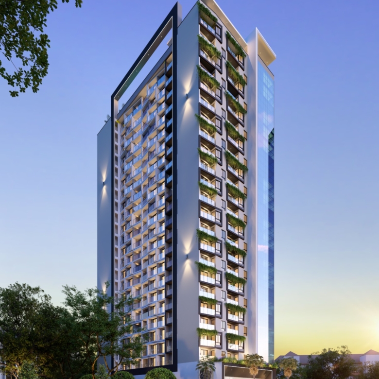 Baystar residence modern high-rise apartment exterior in Kilimani with glass balconies, landscaped surroundings and contemporary architecture.