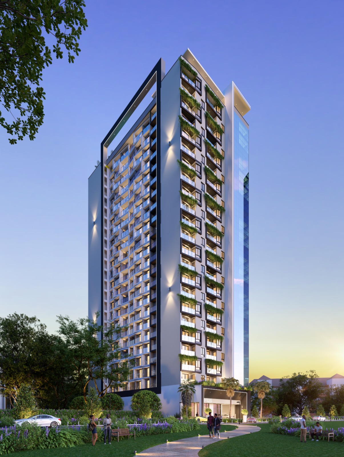 Baystar residence modern high-rise apartment exterior in Kilimani with glass balconies, landscaped surroundings and contemporary architecture.