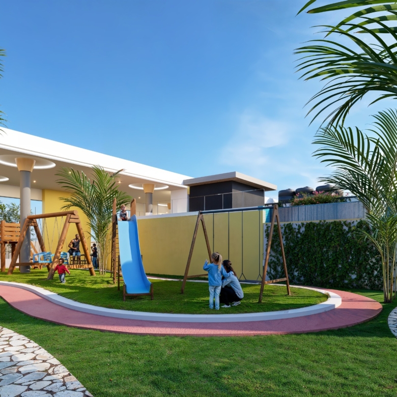 Baystar residence children's outdoor play area with swings, slides, green lawns, palm trees and landscaped pathways.