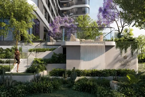 Elegant entrance and water feature at Golden Apple Residence