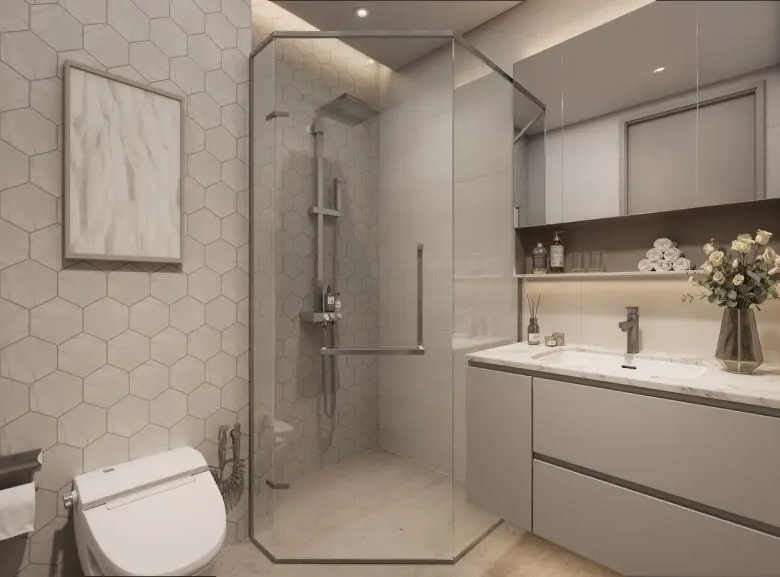 Contemporary bathroom with walk-in shower at Golden Apple Residence