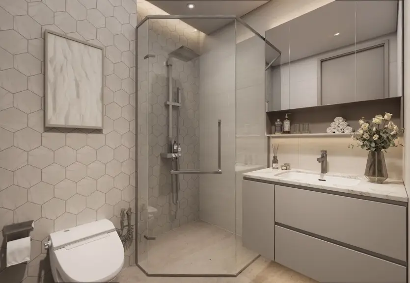 Contemporary bathroom with walk-in shower at Golden Apple Residence